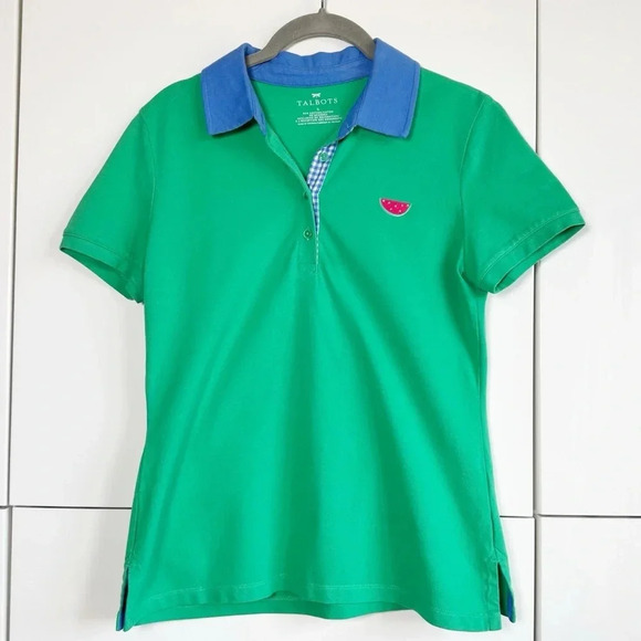 Talbots Watermelon Polo Shirt Size Small Green Embroidered Gingham Trim - Picture 1 of 7
